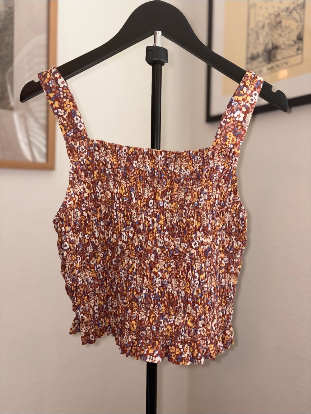 Everlane Smocked Square-Neck Tank Top - Rust Floral